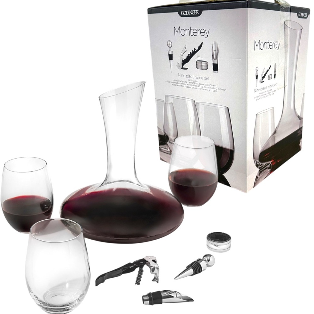 Godinger Monterey 9 Piece Wine Set - Decanter Glasses Corkscrew Stopper Pourer